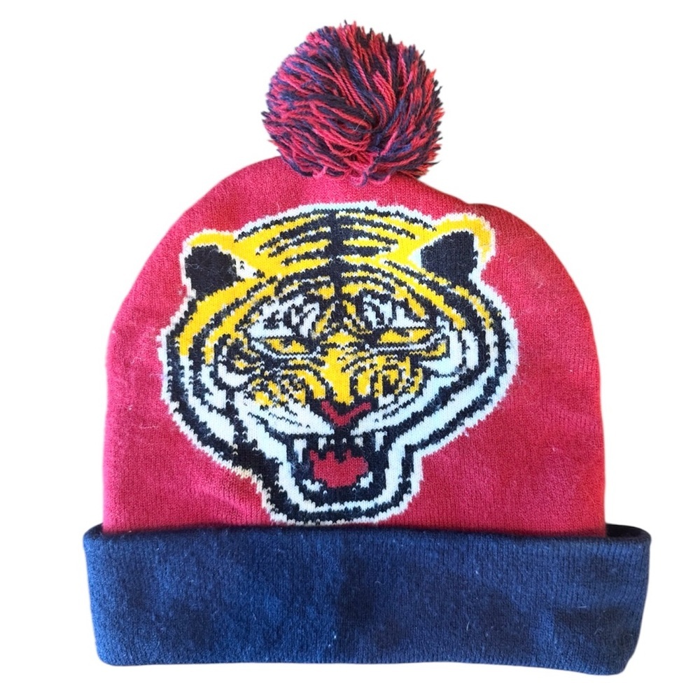 Undefeated Tiger Beanie Pom Red Blue Yellow Acrylic